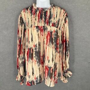 Entro Women's Blouse‎ Top Sz L Smocked Ruffle Neck Abstract Print Artsy Bohemian